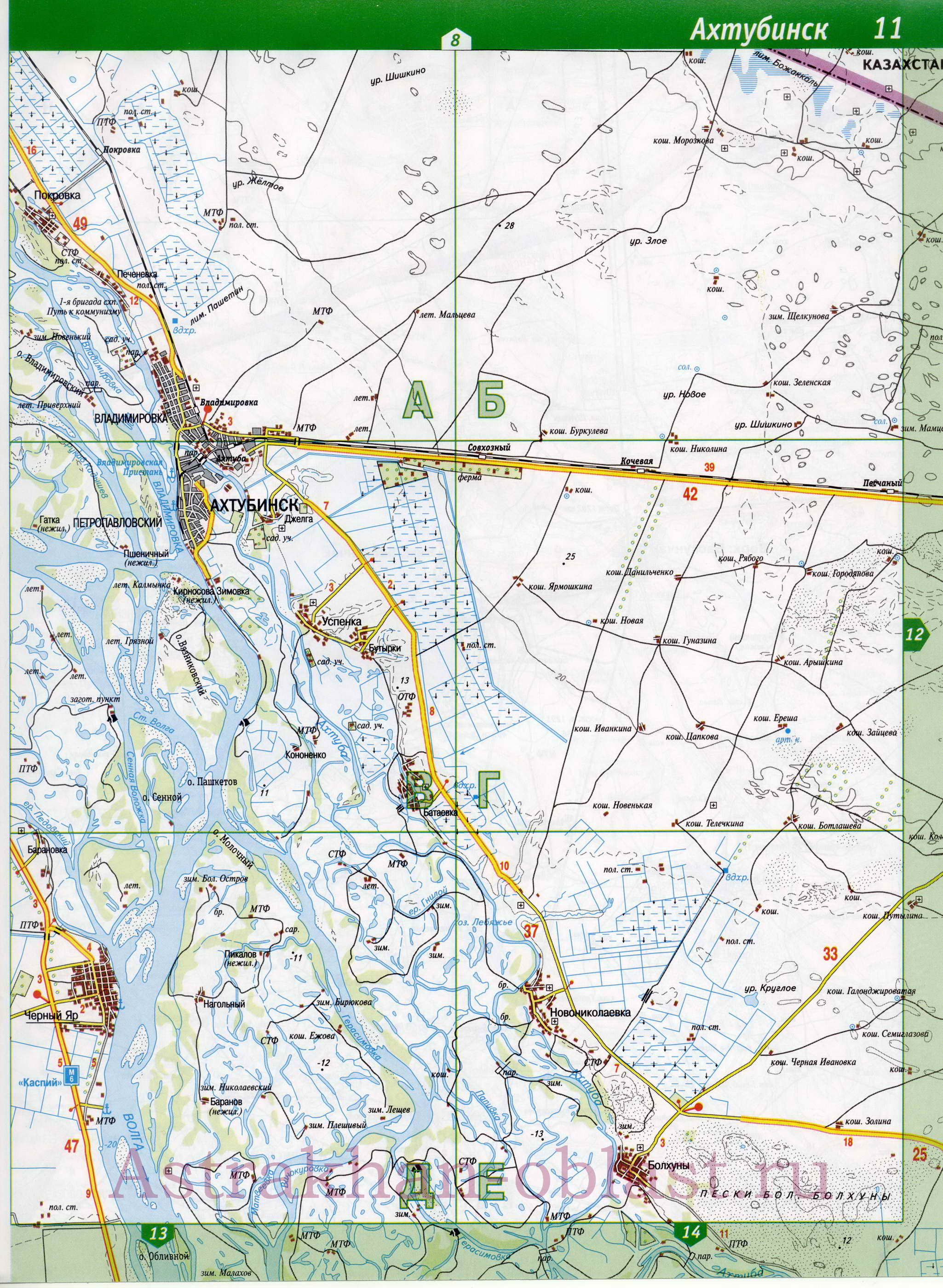 Карта Ахтубинского района Астраханской области. Подробная автомобильная карта - Ахтубинский район, B1 - 