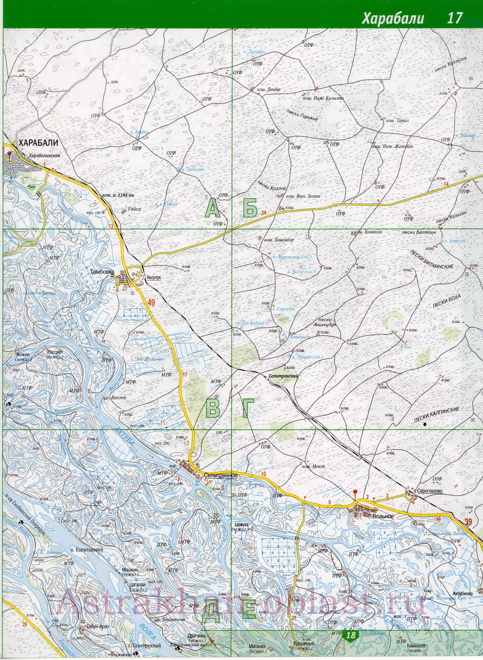 Карта Енотаевского района Астраханской области. Подробная карта южной части Енотаевского района, B0 - 
